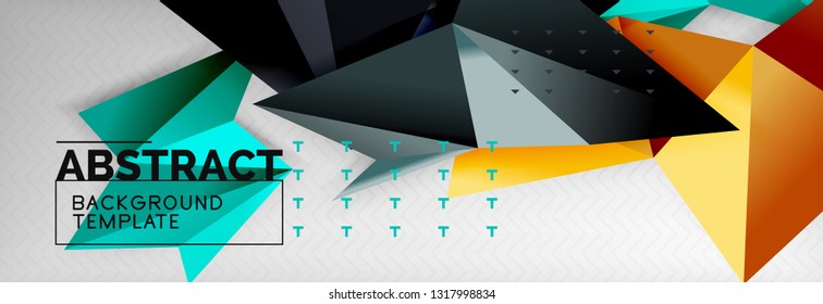 Abstract background, flying color geometric triangles composition on grey. Vector techno design wallpaper