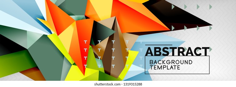 Fondo abstracto, composición de triángulos geométricos de color volante sobre gris. Papel de pantalla de diseño de tecnología vectorial