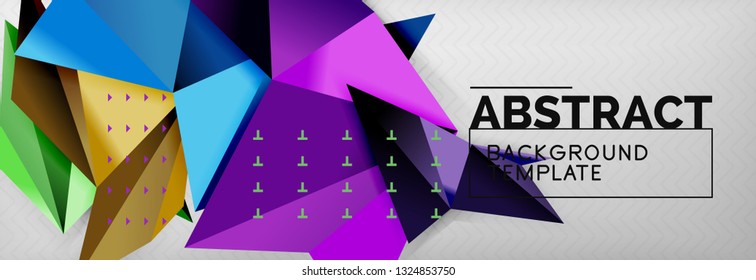 Abstract background, flying color geometric triangles composition on grey. Vector techno design wallpaper