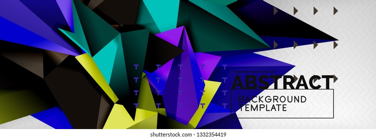 Abstract background, flying color geometric triangles composition on grey. Vector techno design wallpaper