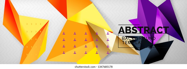 Abstract background, flying color geometric triangles composition on grey. Vector techno design wallpaper