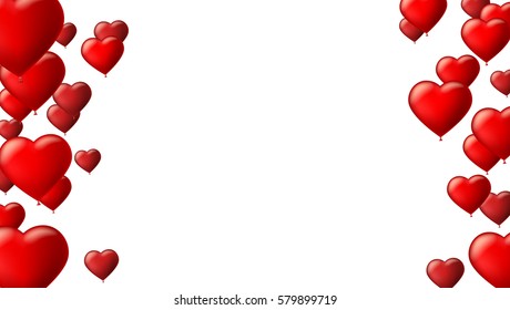 Abstract background with flying colored balloons. Template for greeting card with air balloons in the shape of a heart. Festive mock-up for greeting cards, presentations, ad with inflatable balloons