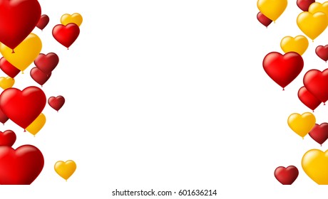 Abstract background with flying colored balloons. Template for greeting card with air balloons in the shape of a heart. Festive mock-up for greeting cards, presentations, ad with inflatable balloons