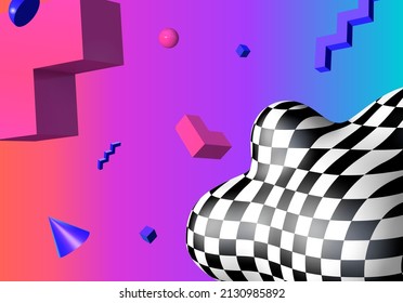 Abstract background with flying colorful 3D geometric shapes over vibrant gradient backdrop. Lush and bold colored abstraction with checkered shape in 90s style.