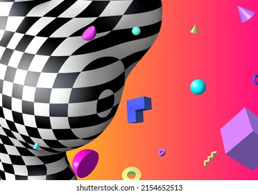 Abstract background with flying colorful 3D geometric shapes over vibrant gradient backdrop. Lush and bold colored abstraction with checkered shape in 90s style.
