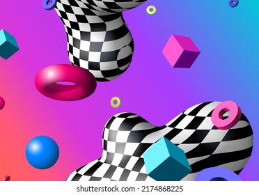 Abstract background with flying colorful 3D geometric shapes over vibrant gradient backdrop. Lush and bold colored abstraction with checkered shape in 90s style.