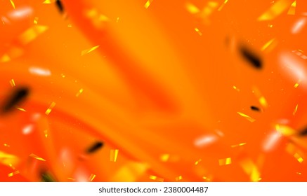 Abstract background with flying festive tinsel and confetti pieces. Serpentine and confetti on orange background. Festive surface. Holiday. Celebration background for printing, card. Vector EPS10.