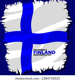 Abstract background of the flying Finland flag, with bold text on dark blue background to commemorate Finland Independence Day on December 6