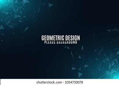 Abstract background of flying geometric particles on a dark background. Glowing connected triangles. Plexus. Scientific background for your design. Vector illustration. EPS 10