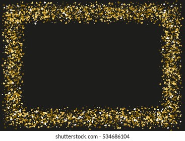 Abstract background with flying golden heart shaped confetti. Vector illustration on black background. Blank Valentines Day holiday template.