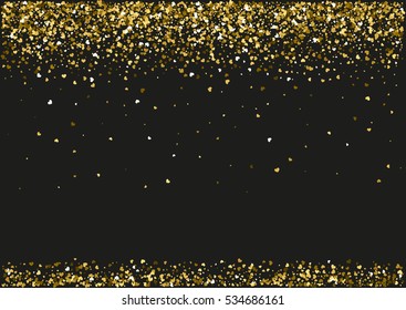 Abstract background with flying golden heart shaped confetti. Vector illustration on black background. Blank Valentines Day holiday template.