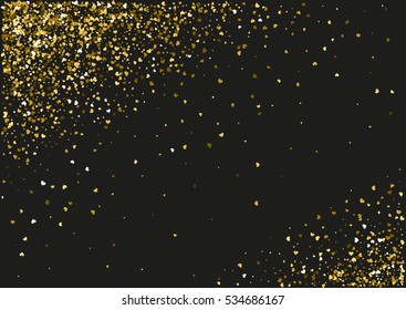 Abstract background with flying golden heart shaped confetti. Vector illustration on black background. Blank Valentines Day holiday template.