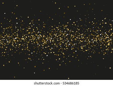 Abstract background with flying golden heart shaped confetti. Vector illustration on black background. Blank Valentines Day holiday template.