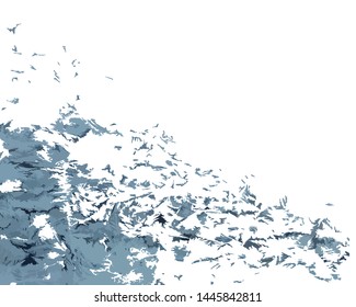 Abstract background. Flying gray slices, sea ​​foam, spray, fluff,  on a white background.  