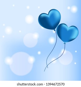 Abstract background with flying heart shaped balloons on blue bokeh lights, Vector Illustration