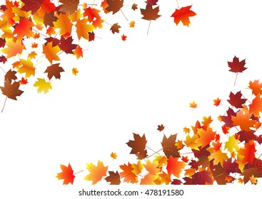 Abstract background with flying maple leaves. Fall season greeting card, poster, flyer. Vector illustration isolated on a white background.