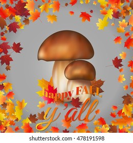 Abstract background with flying maple leaves and mushrooms. Typographic fall season greeting card, poster, flyer. Vector illustration isolated on a black background.