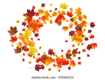 Abstract background with flying maple leaves. Fall season greeting card, poster, flyer. Vector illustration isolated on a white background.