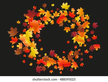 Abstract background with flying maple leaves. Fall season greeting card, poster, flyer. Vector illustration isolated on a black background.