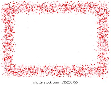 Abstract background with flying pink, red heart shaped confetti. Vector illustration isolated on white background. Blank Valentines Day holiday template.