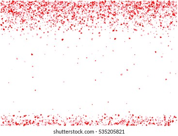 Abstract background with flying pink, red heart shaped confetti. Vector illustration isolated on white background. Blank Valentines Day holiday template.