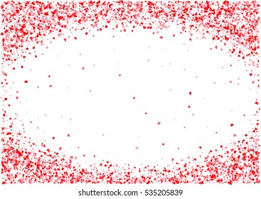 Abstract background with flying pink, red heart shaped confetti. Vector illustration isolated on white background. Blank Valentines Day holiday template.