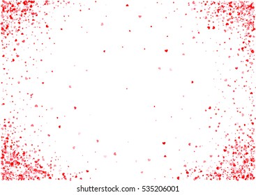 Abstract background with flying pink, red heart shaped confetti. Vector illustration isolated on white background. Blank Valentines Day holiday template.