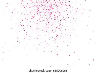 Abstract background with flying pink, red heart shaped confetti. Vector illustration isolated on white background. Blank Valentines Day holiday template.