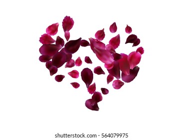Abstract background with flying pink, red rose petals, heart-shaped. Vector illustration isolated on white background.