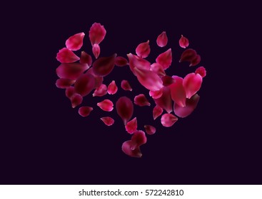 Abstract background with flying pink, red rose petals, heart-shaped. Vector illustration isolated on dark violet background.