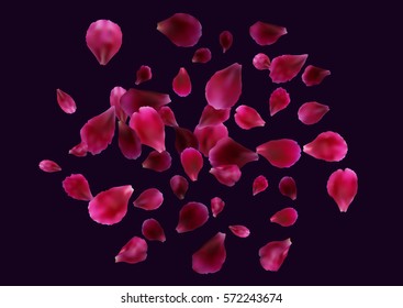 Abstract background with flying pink, red rose petals. Vector illustration isolated on dark violet background.