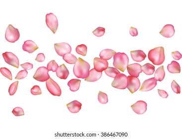 Abstract background with flying pink rose petals. Vector illustration isolated on a white background.