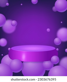 Abstract background with flying purple pedestal podium and floating balls. Scene for product display mockup presentation