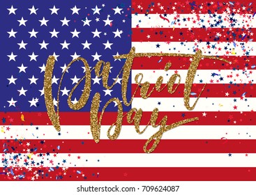 Abstract background with flying red blue silver stars confetti on usa flag background. Festive template for Patriot Day holiday celebration.