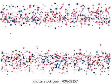 Abstract background with flying red blue silver stars confetti isolated. Blank festive template for usa patriotic holidays celebration 4th July, Patriot Day, President Day, American Independence Day.