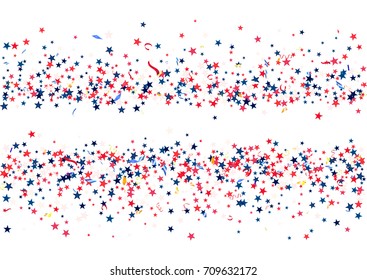 Abstract background with flying red blue silver stars confetti isolated. Blank festive template for usa patriotic holidays celebration 4th July, Patriot Day, President Day, American Independence Day.