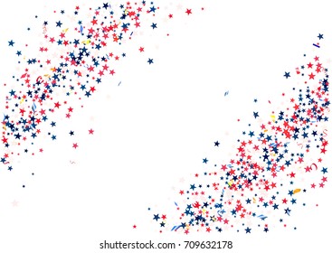 Abstract background with flying red blue silver stars confetti isolated. Blank festive template for usa patriotic holidays celebration 4th July, Patriot Day, President Day, American Independence Day.