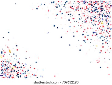 Abstract background with flying red blue silver stars confetti isolated. Blank festive template for usa patriotic holidays celebration 4th July, Patriot Day, President Day, American Independence Day.