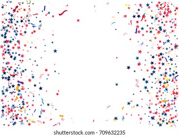 Abstract background with flying red blue silver stars confetti isolated. Blank festive template for usa patriotic holidays celebration 4th July, Patriot Day, President Day, American Independence Day.