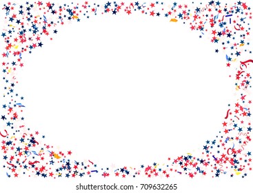 Abstract background with flying red blue silver stars confetti isolated. Blank festive template for usa patriotic holidays celebration 4th July, Patriot Day, President Day, American Independence Day.