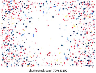 Abstract background with flying red blue silver stars confetti isolated. Blank festive template for usa patriotic holidays celebration 4th July, Patriot Day, President Day, American Independence Day.