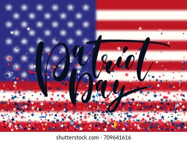 Abstract background with flying red blue silver stars confetti on usa flag background. Festive template for Patriot Day holiday celebration.
