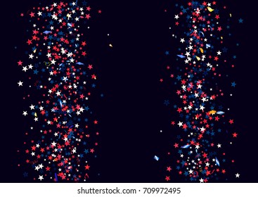 Abstract background with flying red blue silver stars confetti isolated. Blank festive template for usa patriotic holidays celebration 4th July, Patriot Day, President Day, American Independence Day.