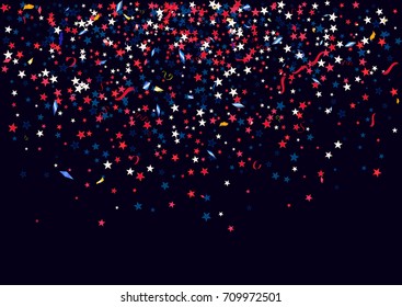 Abstract background with flying red blue silver stars confetti isolated. Blank festive template for usa patriotic holidays celebration 4th July, Patriot Day, President Day, American Independence Day.