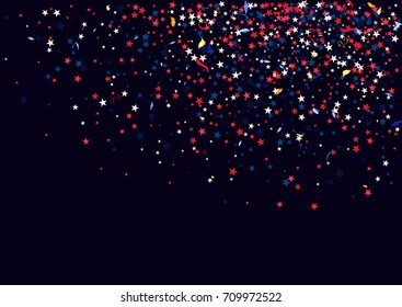 Abstract background with flying red blue silver stars confetti isolated. Blank festive template for usa patriotic holidays celebration 4th July, Patriot Day, President Day, American Independence Day.