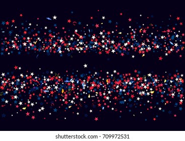 Abstract background with flying red blue silver stars confetti isolated. Blank festive template for usa patriotic holidays celebration 4th July, Patriot Day, President Day, American Independence Day.