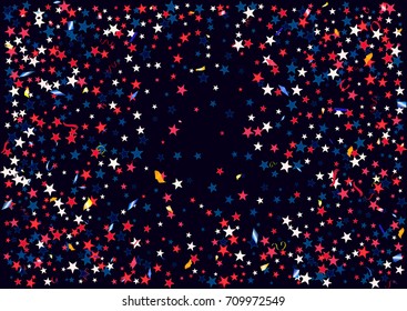 Abstract background with flying red blue silver stars confetti isolated. Blank festive template for usa patriotic holidays celebration 4th July, Patriot Day, President Day, American Independence Day.