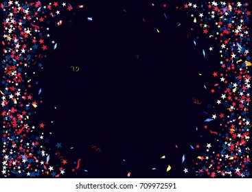 Abstract background with flying red blue silver stars confetti isolated. Blank festive template for usa patriotic holidays celebration 4th July, Patriot Day, President Day, American Independence Day.