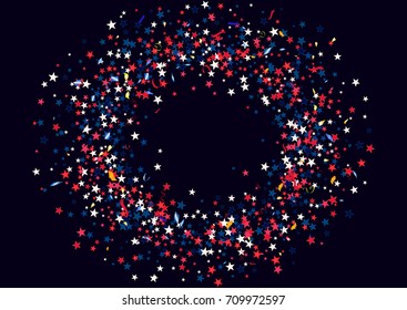 Abstract background with flying red blue silver stars confetti isolated. Blank festive template for usa patriotic holidays celebration 4th July, Patriot Day, President Day, American Independence Day.