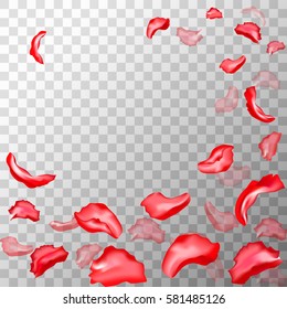 Abstract background with flying red rose petals on dark transparent background. Vector illustration